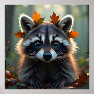 Cute Racoon in Fall Leaves   Poster