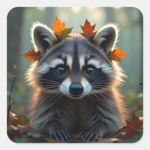 Cute Racoon in Fall Leaves Square Sticker