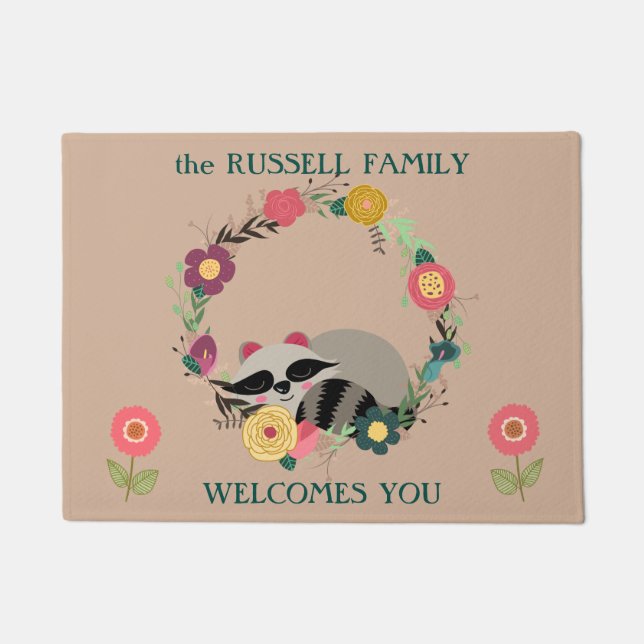 Cute Racoon in Floral Wreath Doormat (Front)