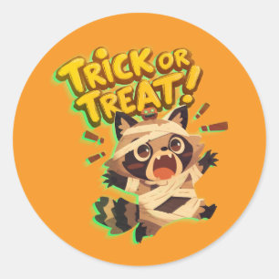 Cute racoon in mummy costume with Trick or Treat Classic Round Sticker