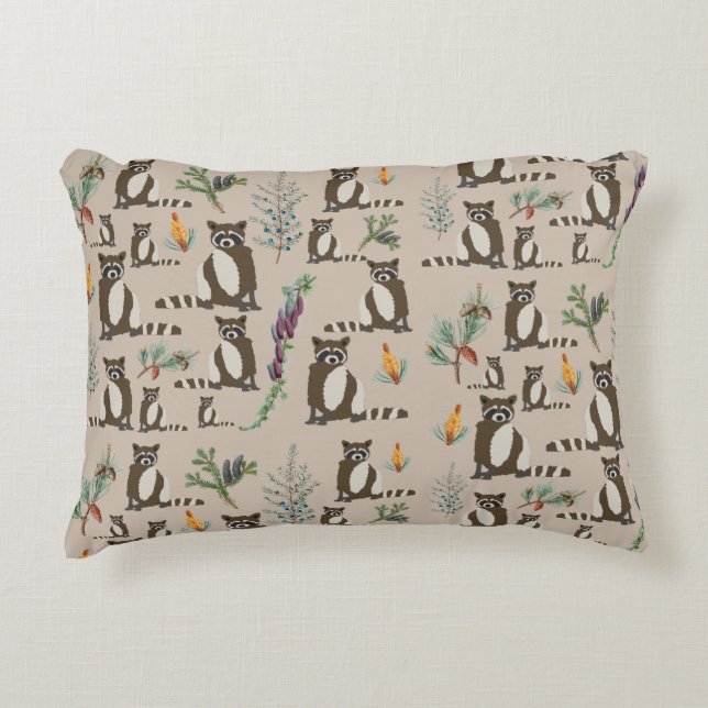 Cute Racoon in Pine Forest Pattern  Decorative Cushion (Front)