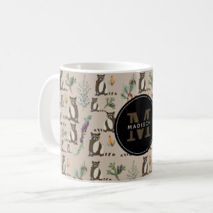 Cute Racoon in Pine Forest Pattern Monogram Coffee Mug