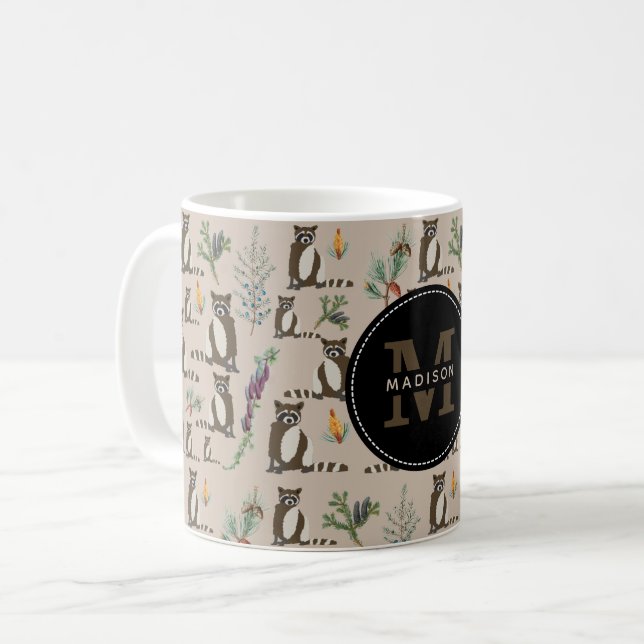 Cute Racoon in Pine Forest Pattern Monogram Coffee Mug (Front Left)
