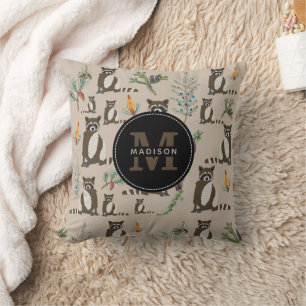 Cute Racoon in Pine Forest Pattern Monogram Cushion