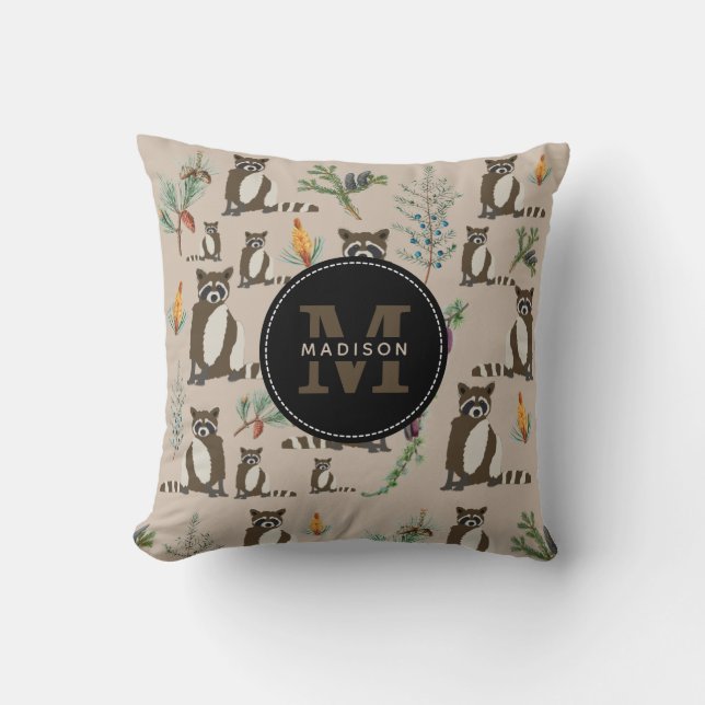 Cute Racoon in Pine Forest Pattern Monogram Cushion (Front)
