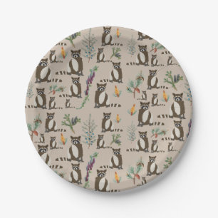 Cute Racoon in Pine Forest Pattern Paper Plate
