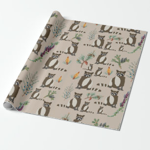 Cute Racoon in Pine Forest Pattern  Wrapping Paper