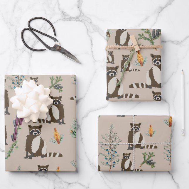 Cute Racoon in Pine Forest Pattern Wrapping Paper Sheet (Front)