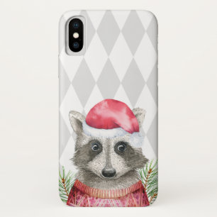 Cute Racoon in Santa Hat with Harlequin Pattern iPhone X Case