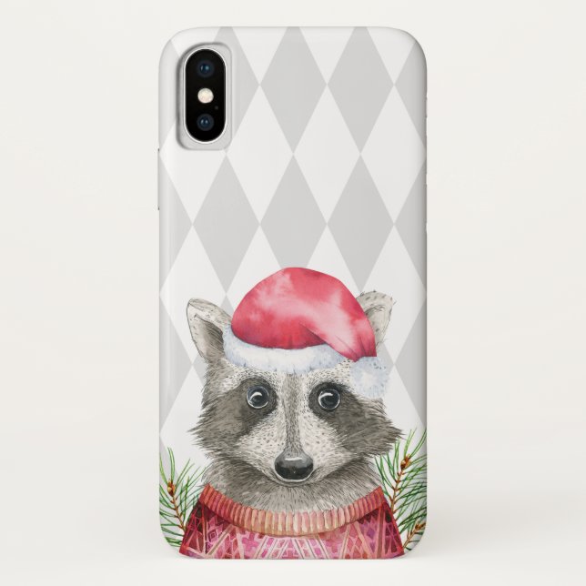 Cute Racoon in Santa Hat with Harlequin Pattern Case-Mate iPhone Case (Back)