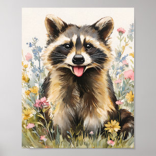 Cute Racoon in Wildflowers – Watercolor Animal Wal Poster
