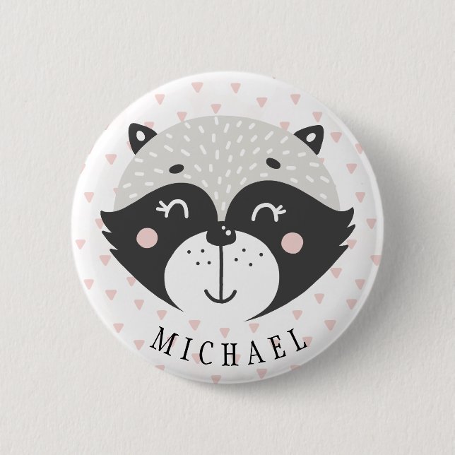 Cute Racoon Kids Birthday Favour Name Button (Front)