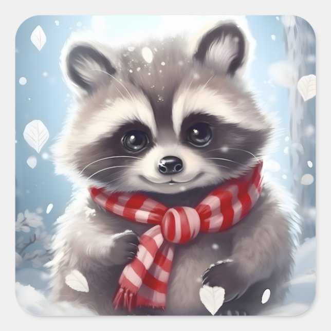 Cute Racoon Knitted Scarf Square Sticker (Front)