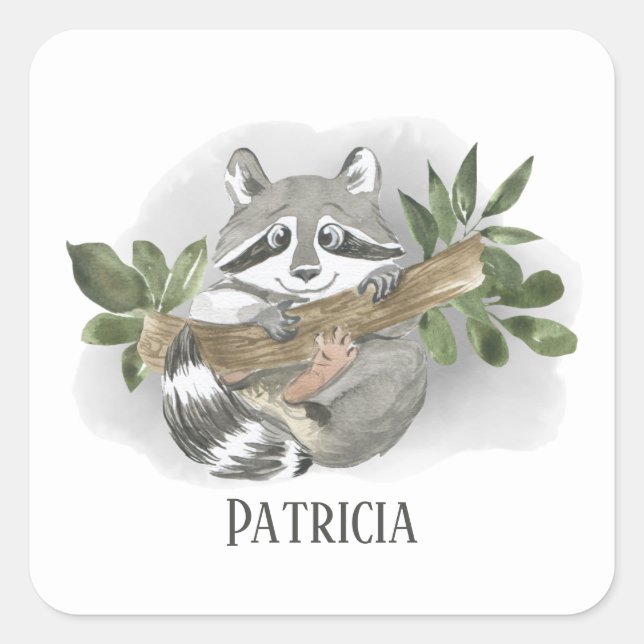 cute racoon lover add name  square sticker (Front)