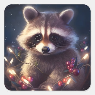 Cute Racoon Merry Christmas lights Square Sticker