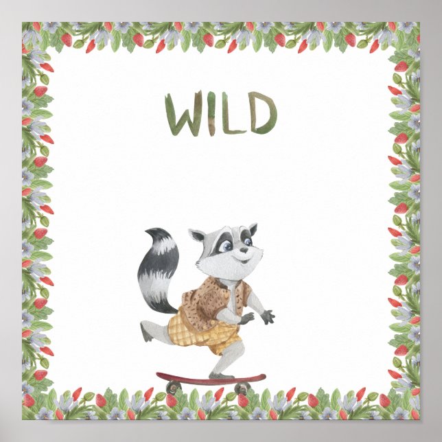 Cute Racoon On A Skateboard Wild Text Poster (Front)