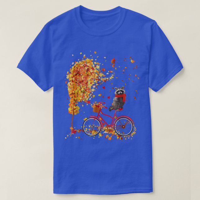 Cute Racoon On Bicycle In Fall Maple Leaf Autumn  T-Shirt (Design Front)