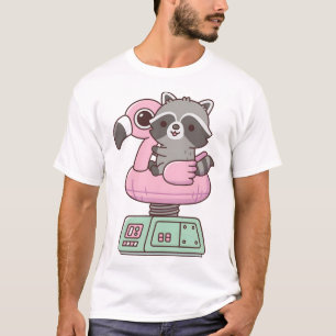 Cute Racoon On Flamingo Pool Float Ride Machine T-Shirt