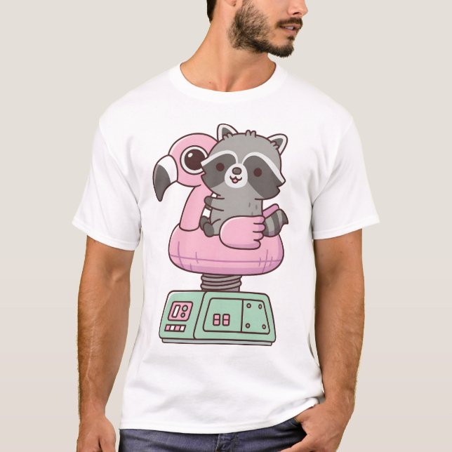 Cute Racoon On Flamingo Pool Float Ride Machine T-Shirt (Front)