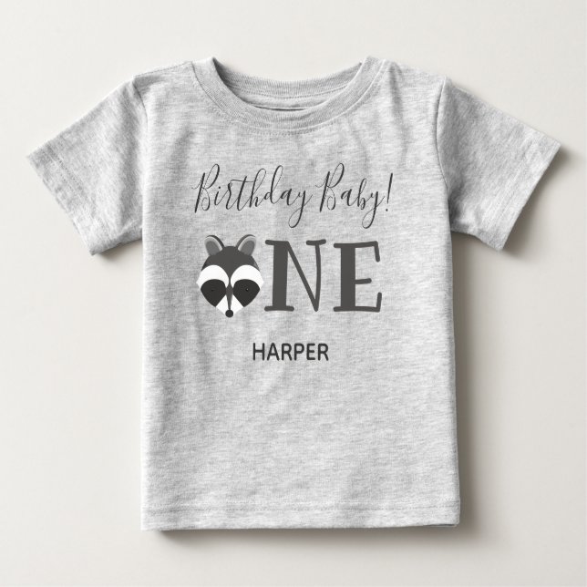 Cute Racoon One Name First Birthday Baby T-Shirt (Front)