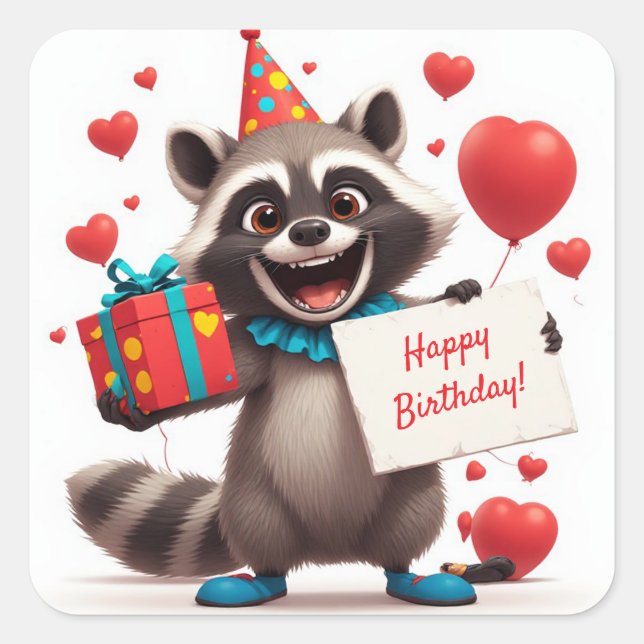 Cute Racoon Party With Gift Box 🦝 Square Sticker (Front)