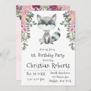 Cute Racoon Peony Birthday Party Invitations 
