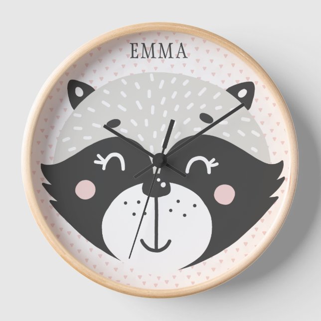 Cute Racoon Personalised Kids / Nursery Wall Clock (Front)