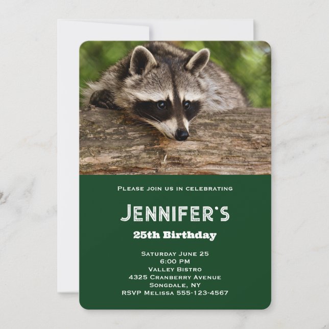 Cute Racoon Resting on a Log Birthday Invitation (Front)