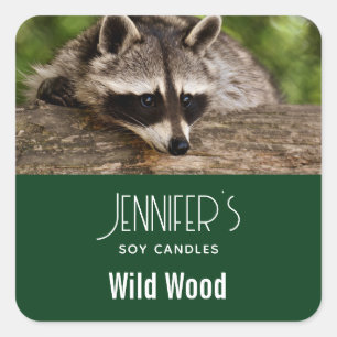 Cute Racoon Resting on a Log Candle Business Square Sticker