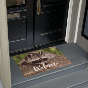 Cute Racoon Resting on a Log Welcome Doormat