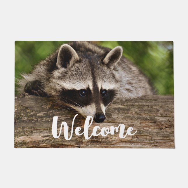 Cute Racoon Resting on a Log Welcome Doormat (Front)