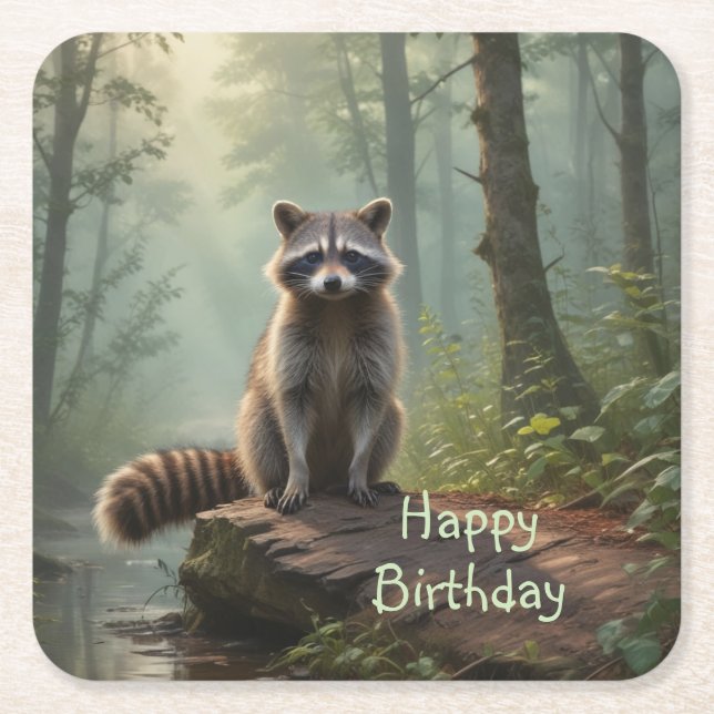 Cute Racoon Square Paper Coaster (Front)
