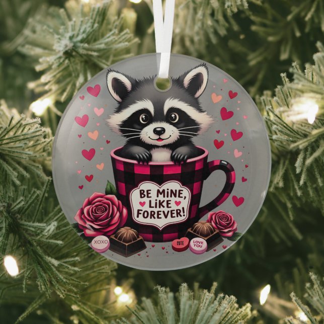 Cute Racoon Valentine Buffalo Plaid Aesthetic Glass Tree Decoration (Insitu)
