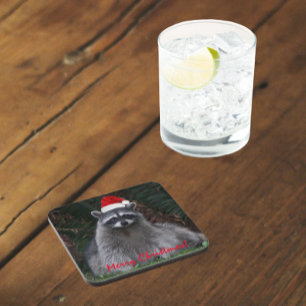 Cute Racoon Wearing Red Santa Hat Coaster