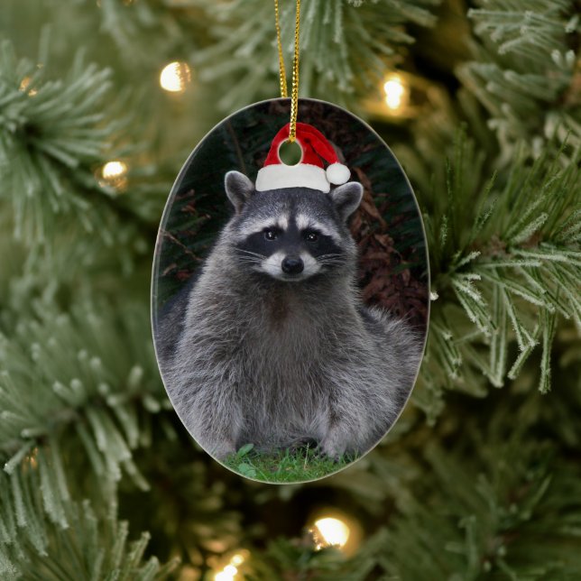 Cute Racoon Wearing Red Santa Hat Holiday Ceramic Ornament (Tree)