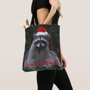 Cute Racoon Wearing Red Santa Hat Holiday Tote Bag