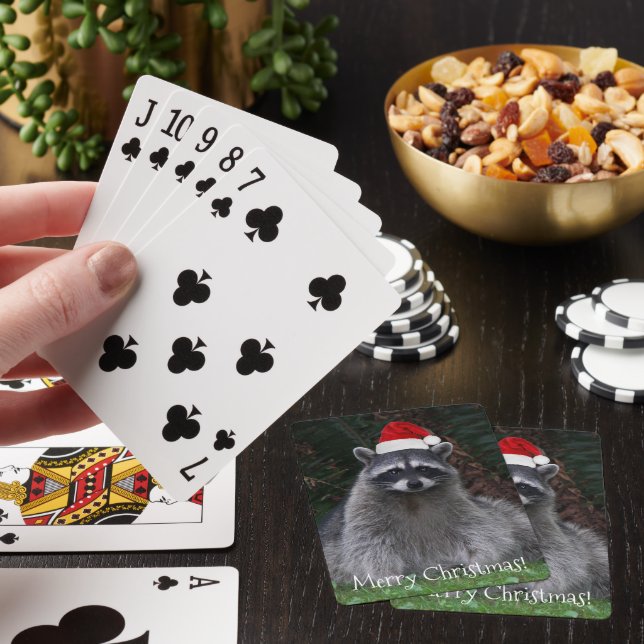 Cute Racoon Wearing Red Santa Hat Playing Cards (In Situ)