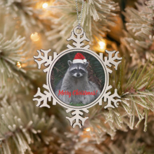 Cute Racoon Wearing Red Santa Hat Snowflake Pewter Christmas Ornament