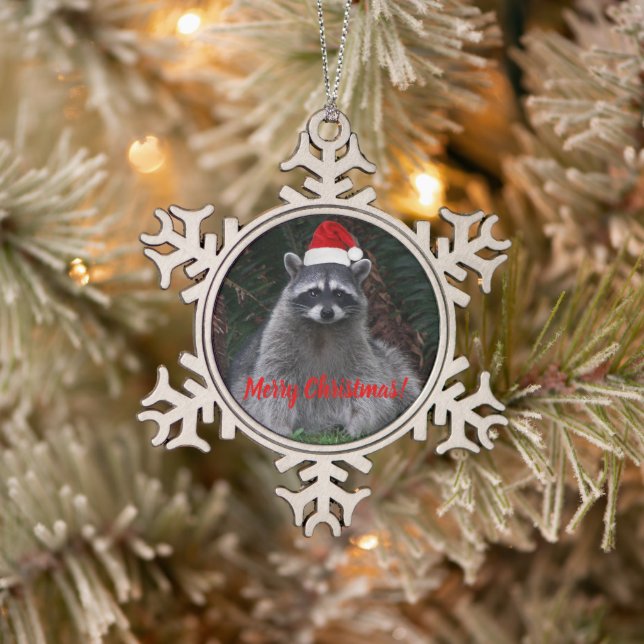 Cute Racoon Wearing Red Santa Hat Snowflake Pewter Christmas Ornament (Tree)