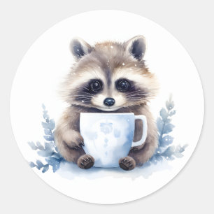 Cute racoon with a cup of coffee Christmas Classic Round Sticker