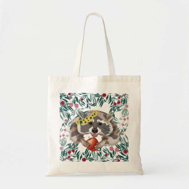 Cute racoon with an apple in the paws tote bag (Front)