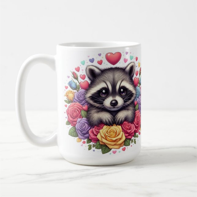 Cute Racoon with Colourful Flowers and Hearts Coffee Mug (Left)
