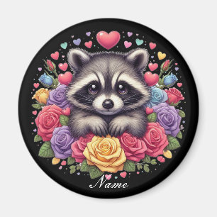 Cute Racoon with Colourful Flowers and Hearts Magnet