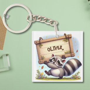Cute Racoon with Customisable Name Sign Key Ring