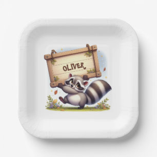 Cute Racoon with Customisable Name Sign Paper Plate