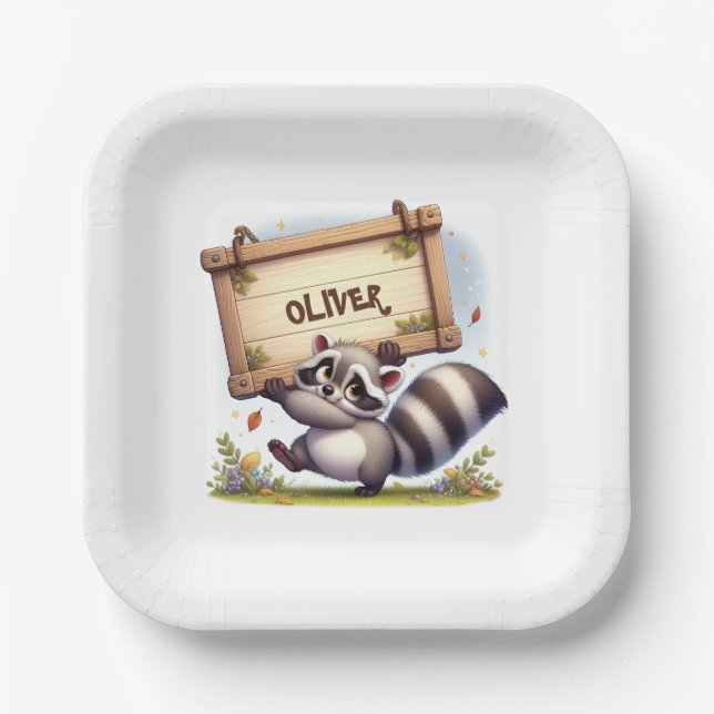 Cute Racoon with Customisable Name Sign Paper Plate (Front)