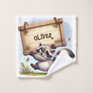 Cute Racoon with Customisable Name Sign Wash Cloth
