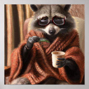 Cute racoon with glasses in a tricot coat tapest poster