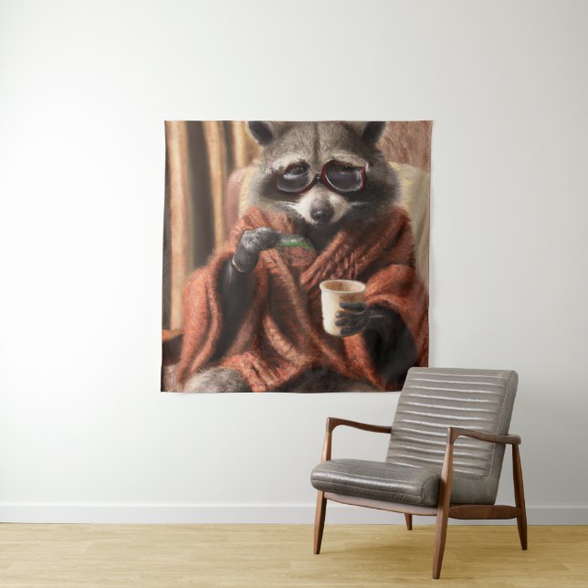 Cute racoon with glasses in a tricot coat  tapest tapestry (In Situ)