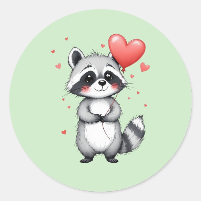 Cute Racoon with Heart Balloons Classic Round Sticker (Front)
